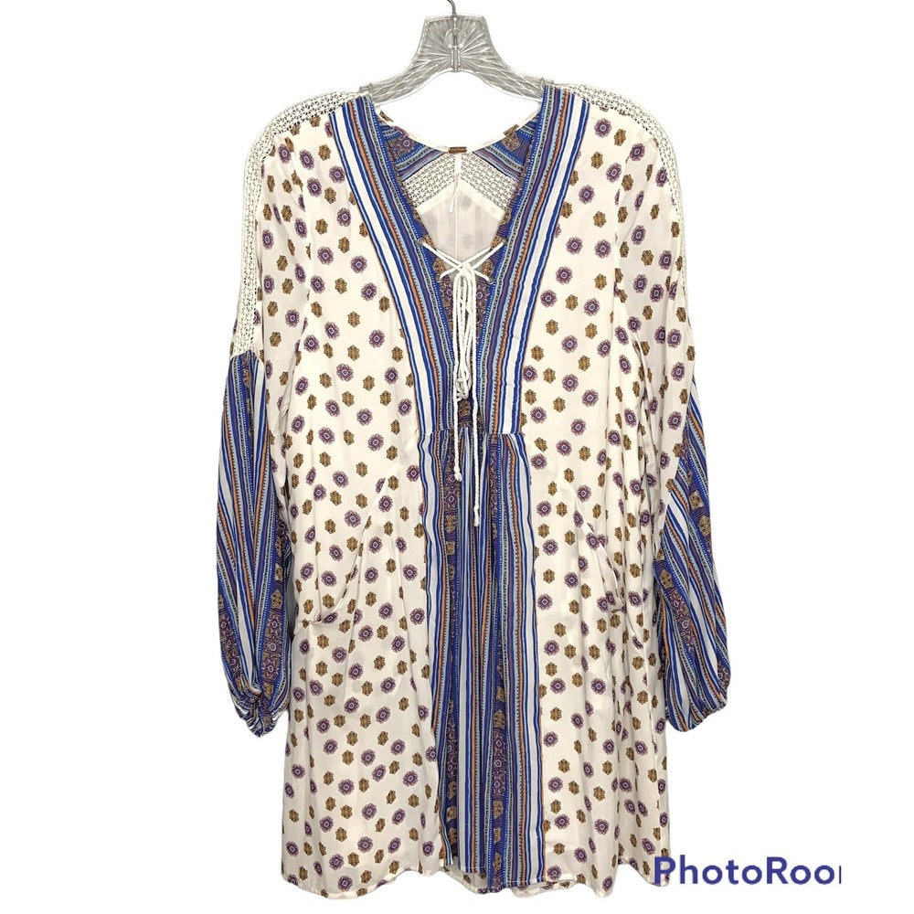 Free People Dress Rain Shine Size S Boho Tunic Multicolor Balloon Sleeve Lace Up